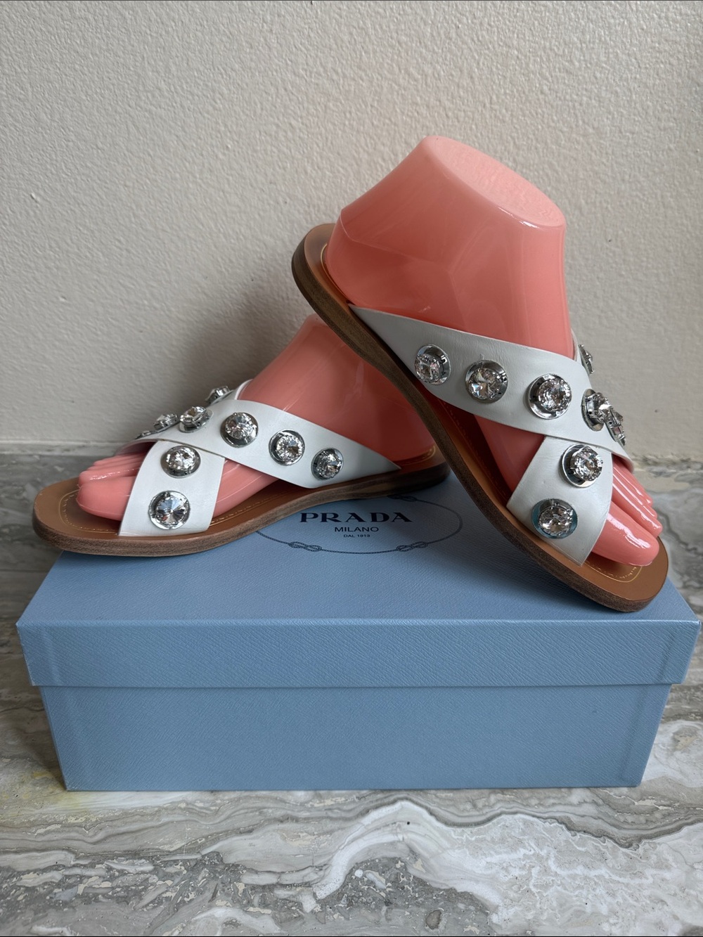 Prada White Crystal-Embellished Cross-Strap Sandals